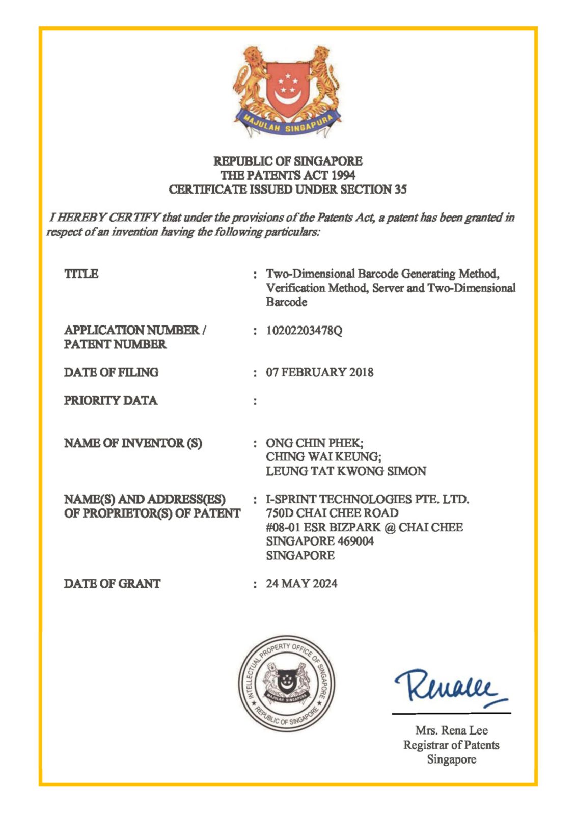 SG Patent Certificate